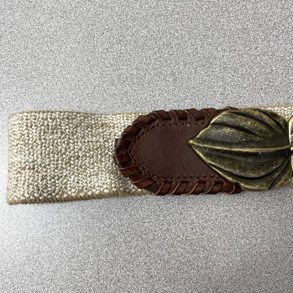 Another Line Elastic Belt S/M Brass Buckle Leaves Boho Bohemian Waist Stretch - Picture 2 of 7